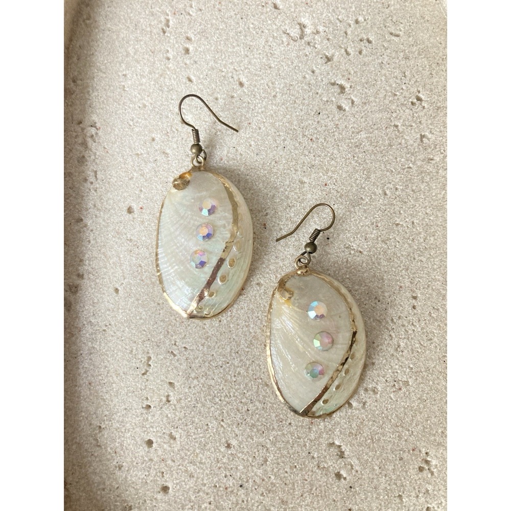 Natural Abalone Shell Dangle Earrings Gold Trim AB Rhinestone Beachy Coastal